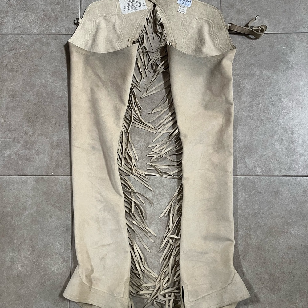 Hobby Horse Clothing Chaps Suede Beige Cream Full Zip Western Fringe Youth M